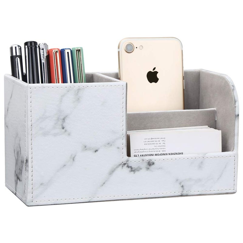 KINGFOM Desk Organizer Office Supplies Caddy Pu Leather Multi-function Storage Box Pen/Pencil,Cell phone, Business Name Cards Remote Control Holder Gray Marble - Image 2